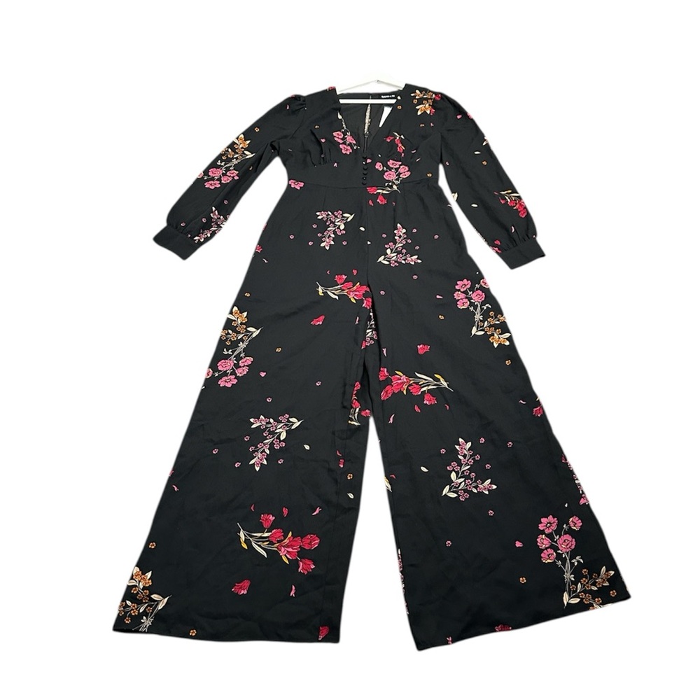 Suger+Lips Black , pink , orange floral vneck baby doll wide leg  jumpsuit SZ  L